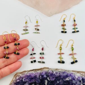 Watermelon Tourmaline Dangle Earrings – Sterling Silver or Gold Finish