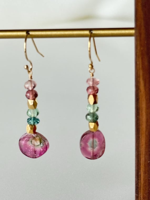 Watermelon Tourmaline Earrings, Gold Filled, Handmade Jewelry