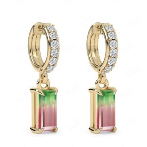 Watermelon Tourmaline Hoop Earrings For Her Unique Radient Cut Watermelon Tourmaline Gemstone Earrings 14k Gold Moissanite Hoop Earrings