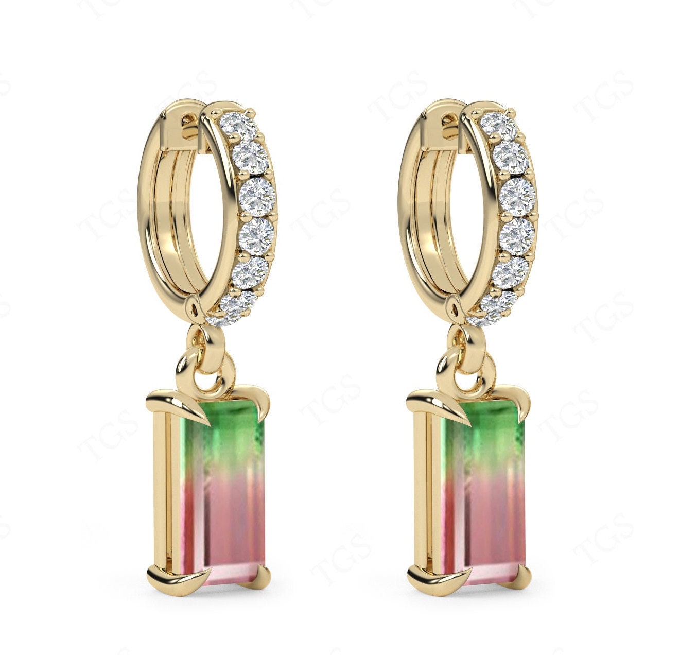 Watermelon Tourmaline Hoop Earrings For Her Unique Radient Cut Watermelon Tourmaline Gemstone Earrings 14k Gold Moissanite Hoop Earrings
