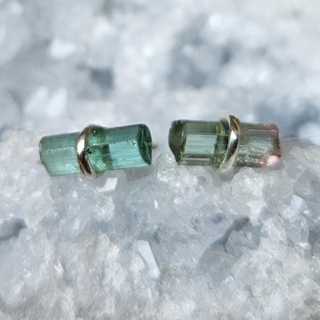 Indicolite Blue Tourmaline Stud Earrings, Raw Watermelon Tourmaline Crystal Studs, Silver Raw Stone Jewelry, October Birthstone, Womens Gift