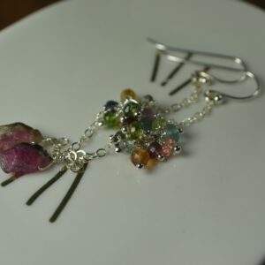 Long Tourmaline Earrings In Sterling Silver // Raw Watermelon Tourmaline // October Birthstone // 5th Anniversary // Tourmaline Cluster