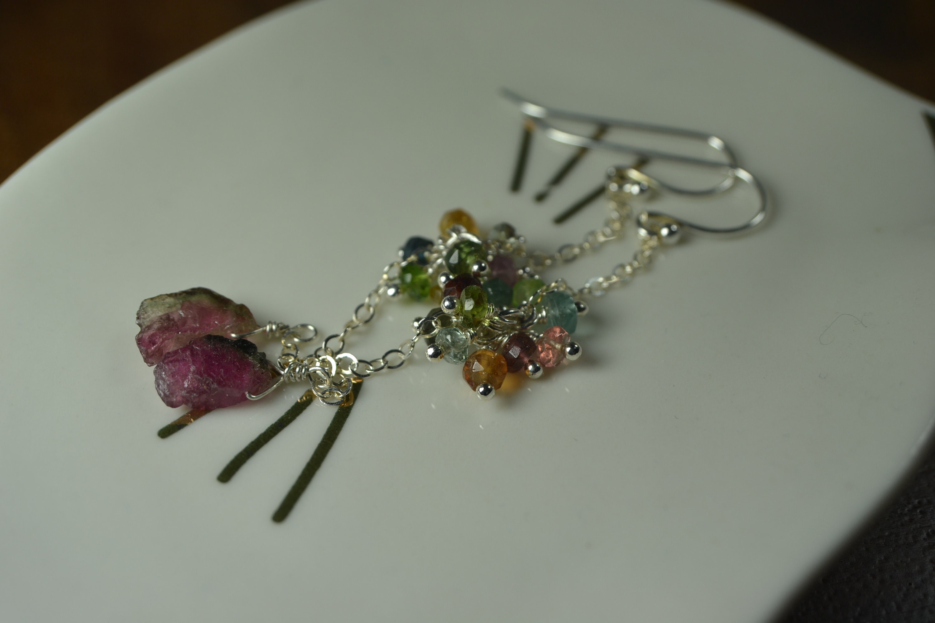 Long Tourmaline Earrings In Sterling Silver // Raw Watermelon Tourmaline // October Birthstone // 5th Anniversary // Tourmaline Cluster
