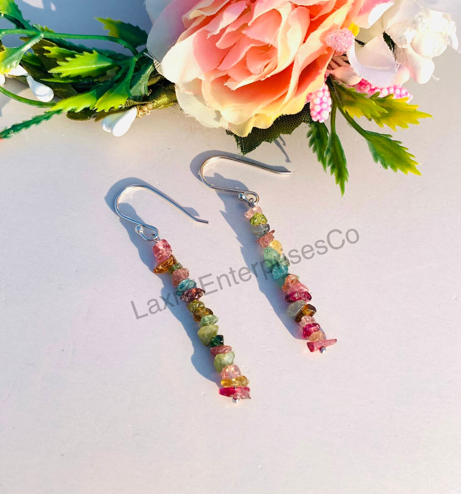 Natural Watermelon Tourmaline Uncut Earring In 925 Sterling Silver, Uncut Beads, Tourmaline Earring, Raw Tourmaline Earring, Gift For Her