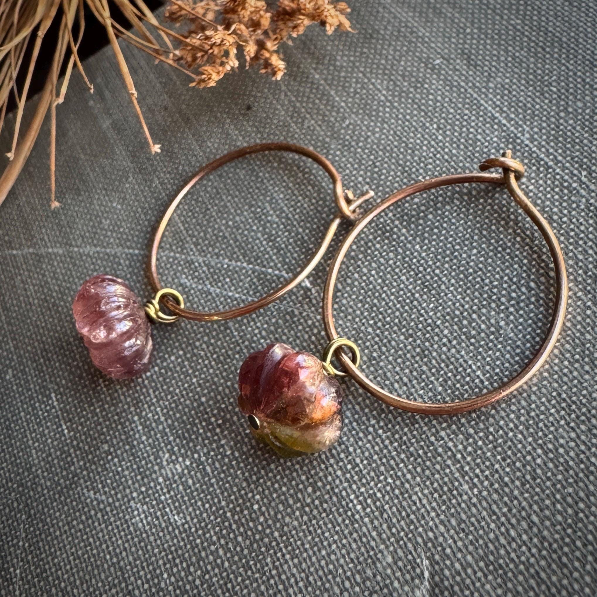 Watermelon Tourmaline Earrings On Antique Bronze Hoops