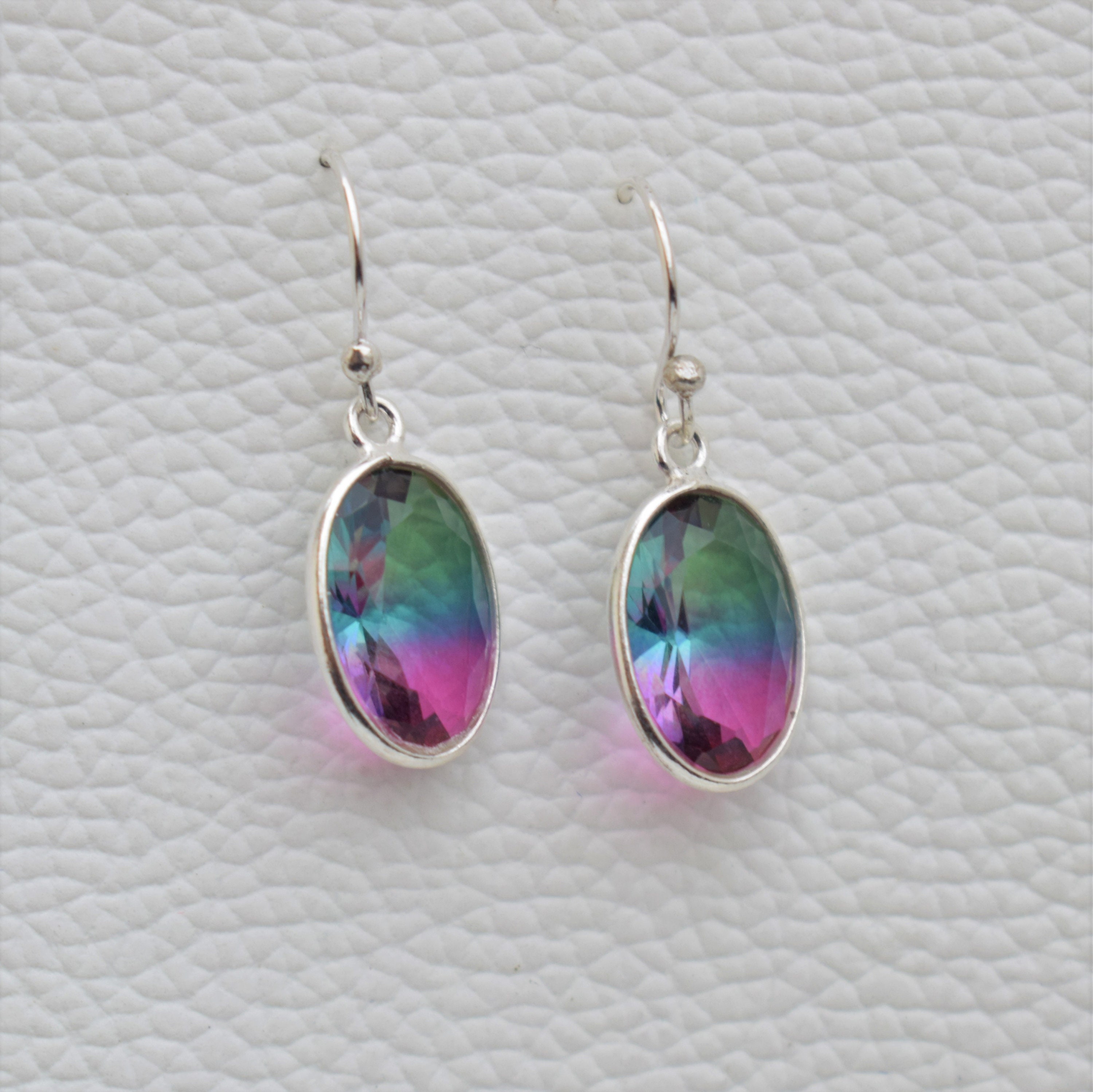 Oval Watermelon Tourmaline Quartz Earrings, 925 Sterling Silver Bezel Earring