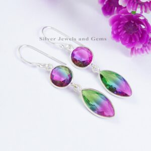 Watermelon Tourmaline Quartz 925 Sterling Silver Dangle Earrings