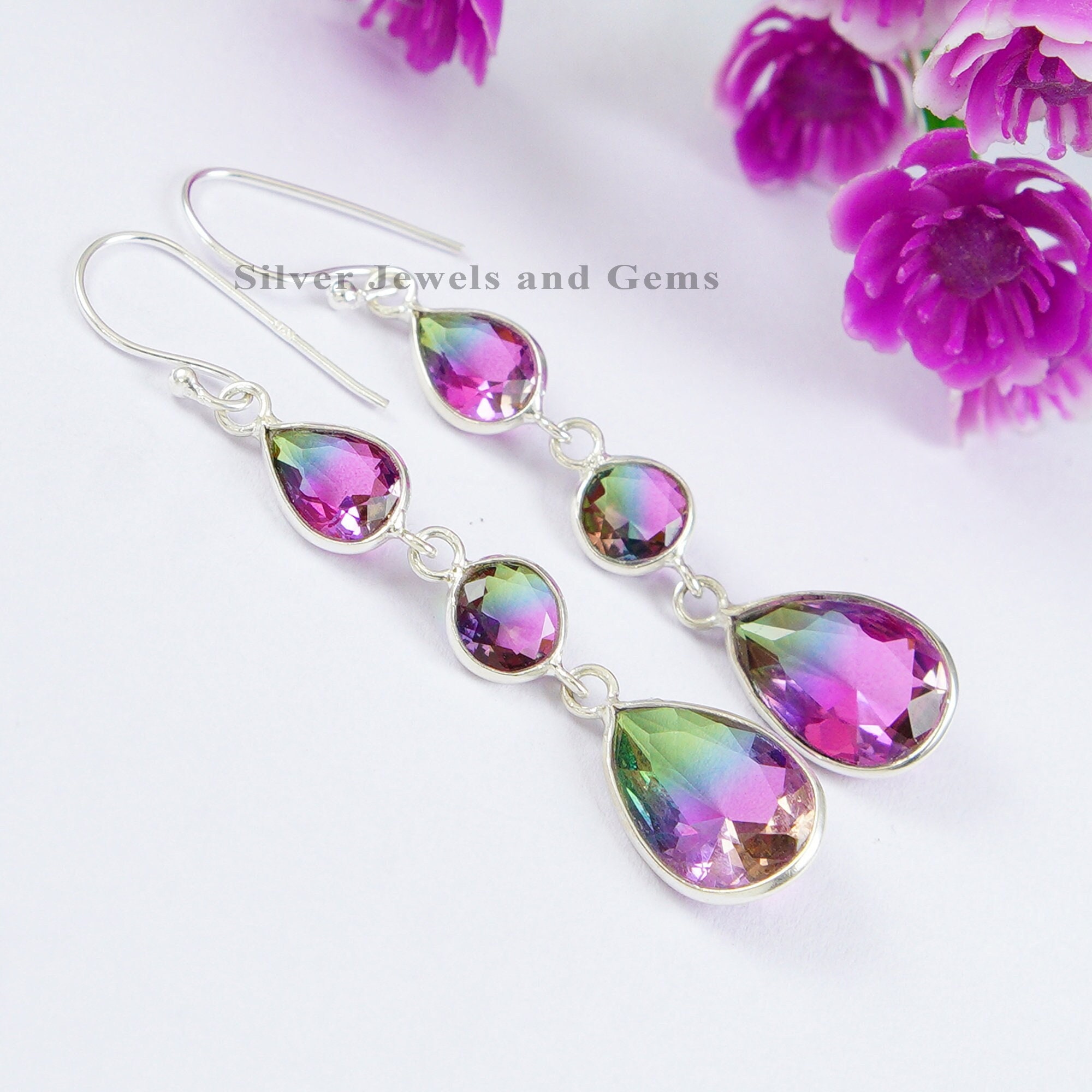 Watermelon Tourmaline Quartz Earrings, 925 Sterling Silver Dangle Earrings, Multi Stone Tourmaline Earrings, Gift For Her, Birthday Gift Watermelon Tourmaline Quartz Earrings, 925 Sterling Silver Dangle Earrings, Multi Stone Tourmaline Earrings, Gift For Her, Birthday Gift
