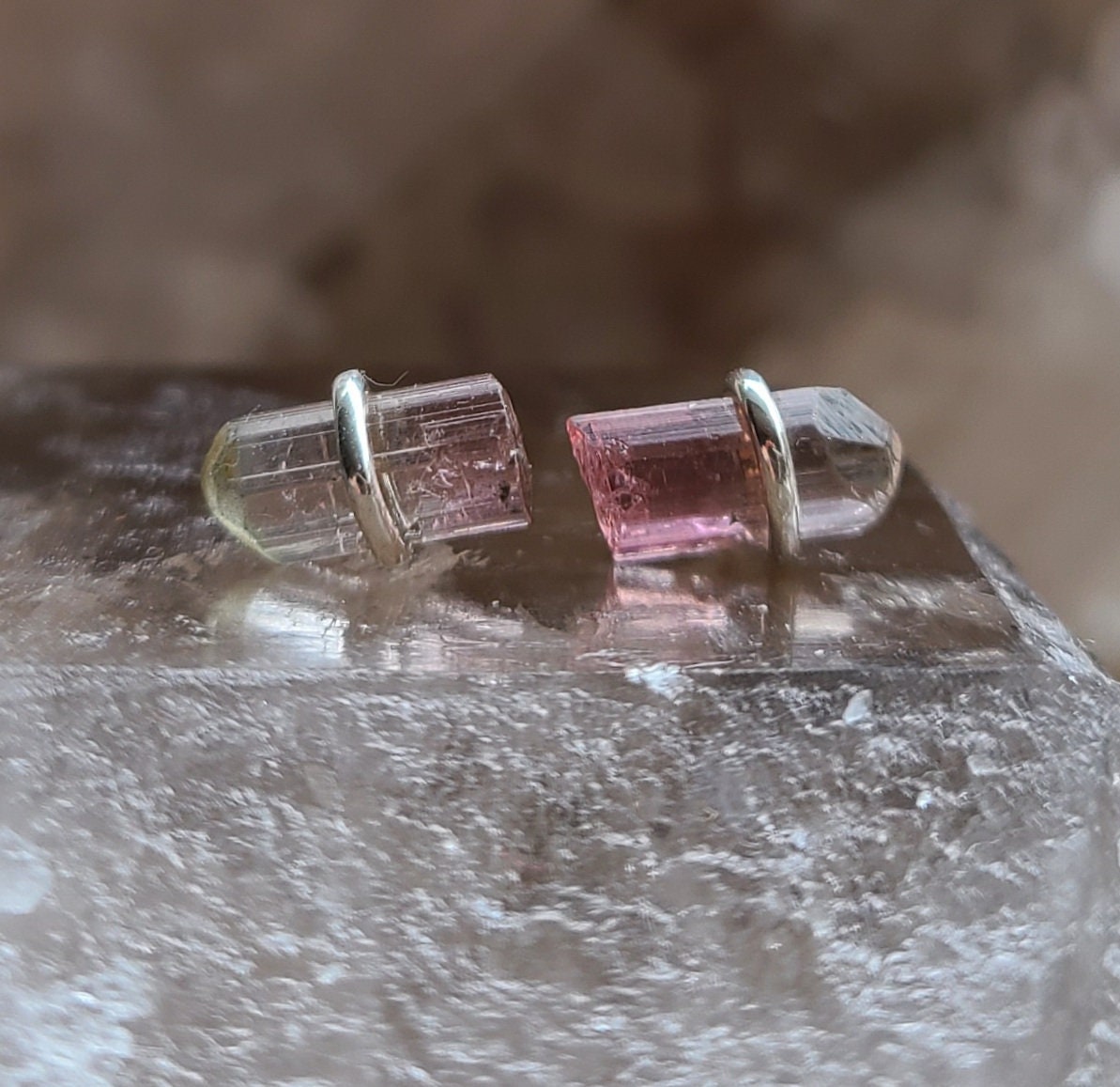Raw Tourmaline Crystal Studs, Gift For Her, Silver Watermelon Tourmaline Stud Earrings, October Birthstone Jewelry Gifts For Women