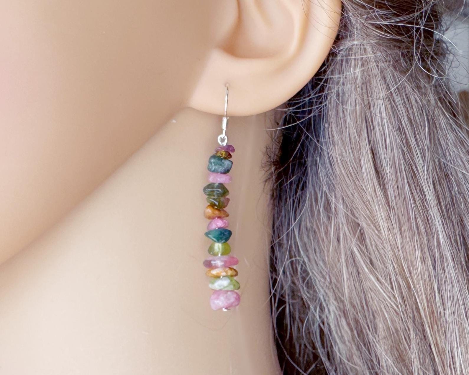Raw Tourmaline Earrings Silver, Rainbow Watermelon Tourmaline Jewelry Gold, Handmade Crystal Earrings For Women, October Birthstone Earrings