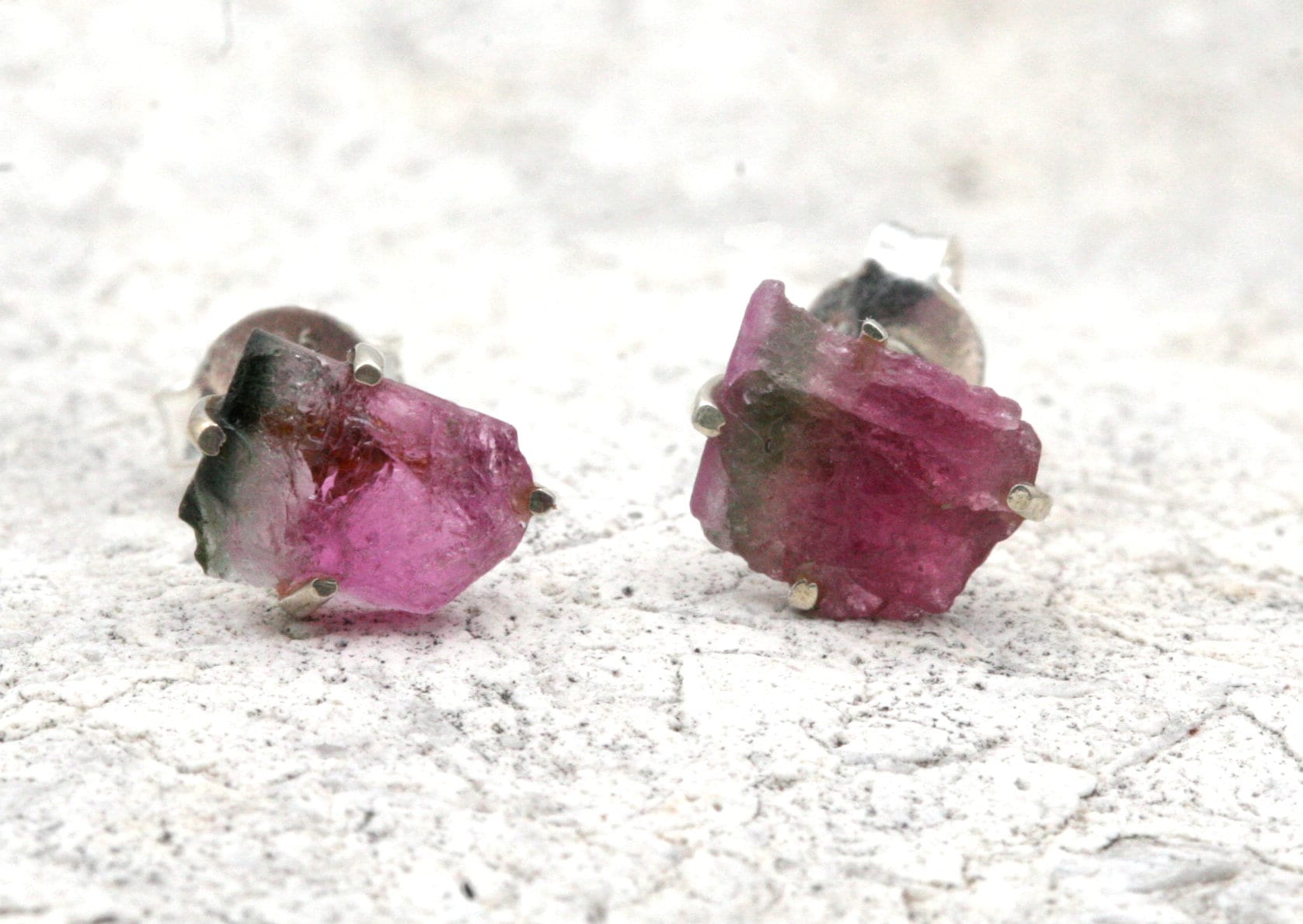 Raw Watermelon Tourmaline Stud Earrings: Sterling Silver Gemstone Jewelry Raw Watermelon Tourmaline Stud Earrings: Sterling Silver Gemstone Jewelry