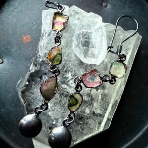 Watermelon Tourmaline Slice Earrings, Blackened Sterling Silver Dangle, Brazilian Gemstone Jewelry