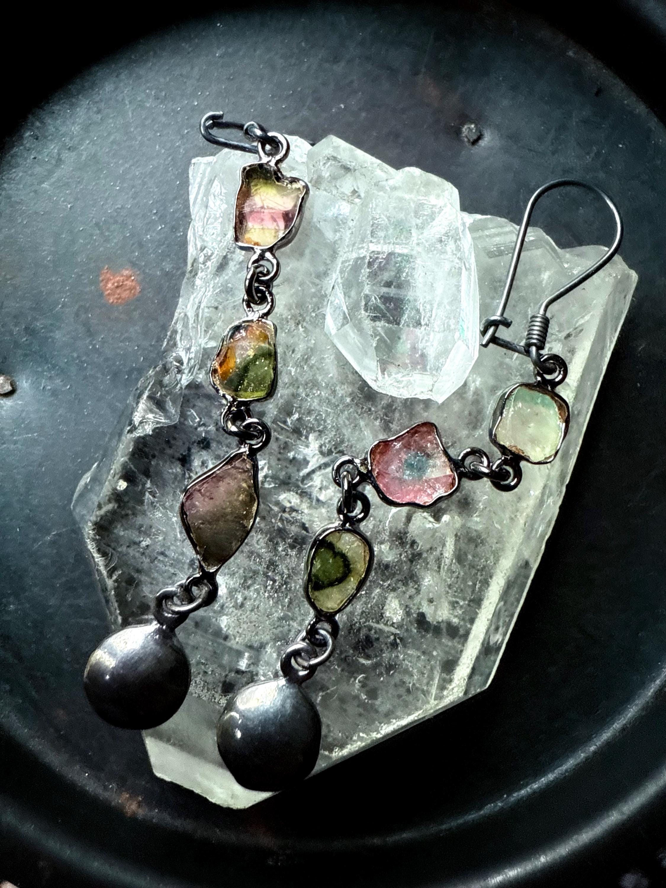 Watermelon Tourmaline Slice Earrings, Blackened Sterling Silver Dangle, Brazilian Gemstone Jewelry