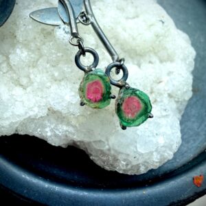 Watermelon Tourmaline Slice Earrings, Blackened Sterling Silver Dangle, Brazilian Gemstone Jewelry