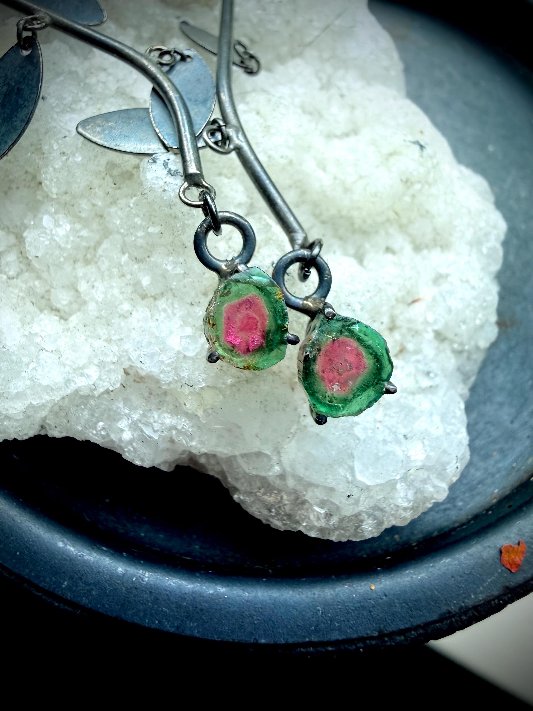 Watermelon Tourmaline Slice Earrings, Blackened Sterling Silver Dangle, Brazilian Gemstone Jewelry