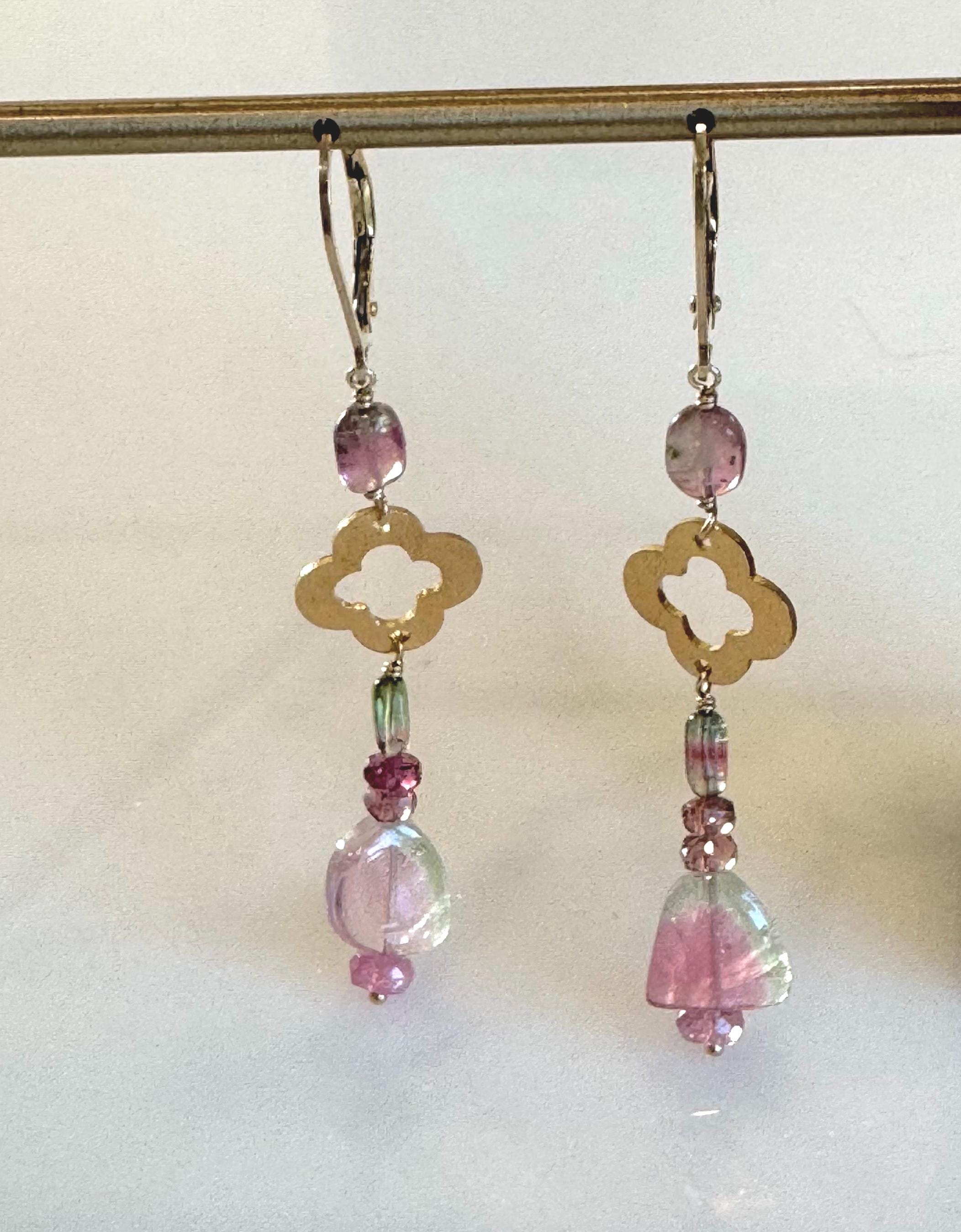 Watermelon Tourmaline Slice Earrings: Gold Filled Dangle Gemstone Jewelry