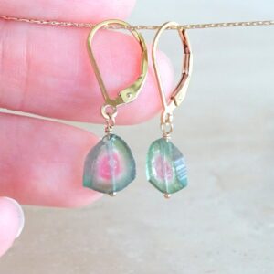 Watermelon Tourmaline Slice Earrings: Gold Filled Gemstone Dangle Jewelry