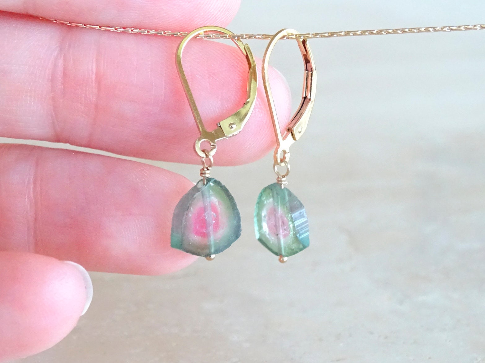 Watermelon Tourmaline Slice Earrings: Gold Filled Gemstone Dangle Jewelry