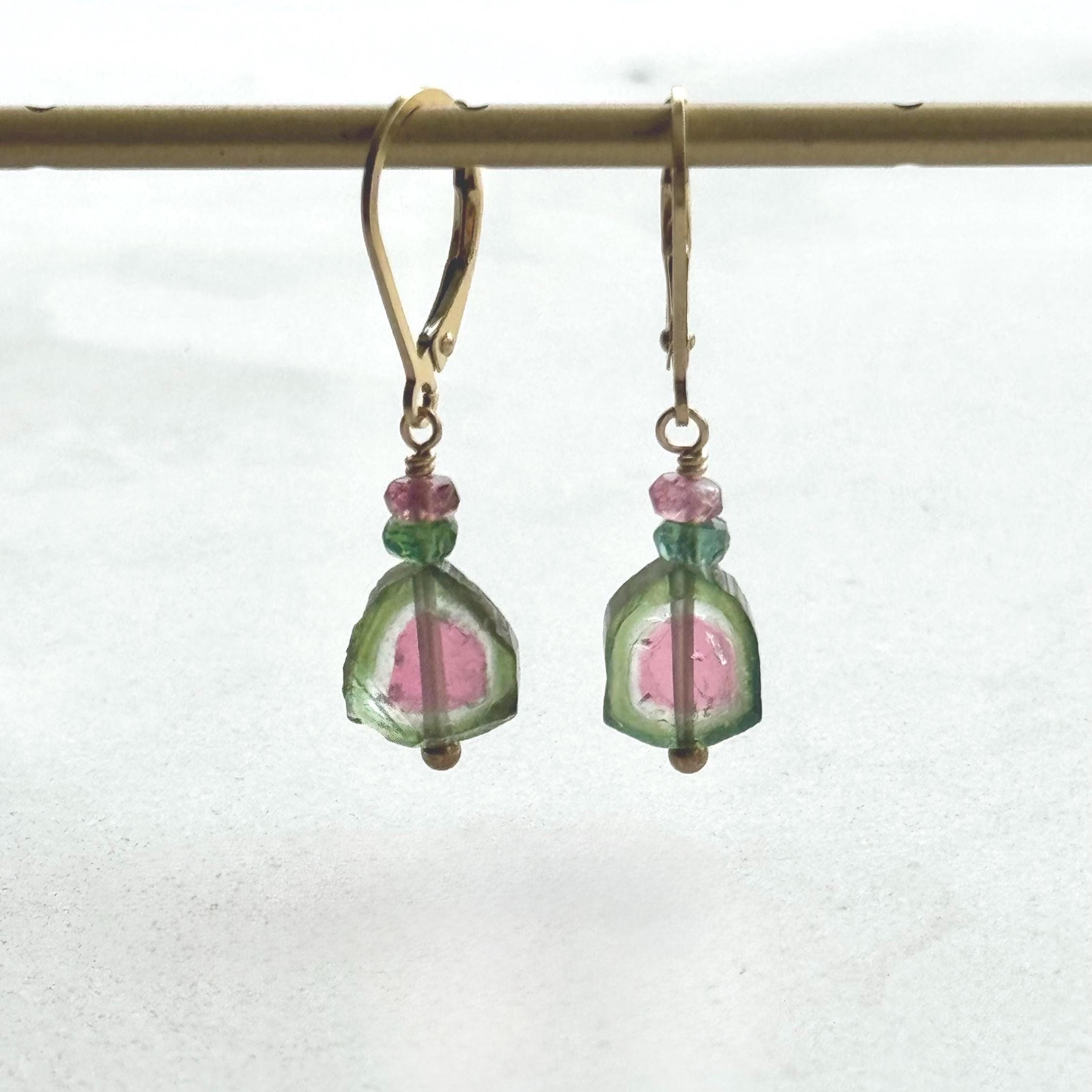 Watermelon Tourmaline Slice Earrings: Gold Filled Dangle Gemstone Jewelry