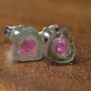 Watermelon Tourmaline Slice Earrings In Sterling Silver, 14k Gold Fill // Bohochic Tourmaline // October Birthstone // Tourmaline Studs