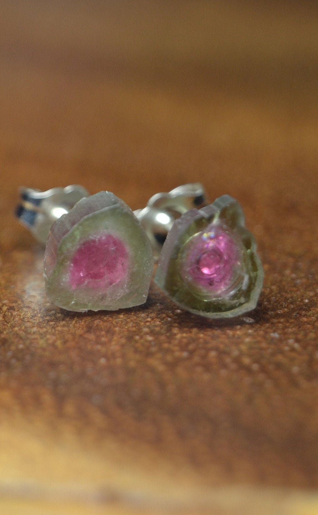 Watermelon Tourmaline Slice Earrings In Sterling Silver, 14k Gold Fill // Bohochic Tourmaline // October Birthstone // Tourmaline Studs
