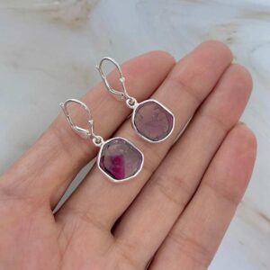 Watermelon Tourmaline Slice Leverback Earring / 925 Sterling Silver / Natural Tourmaline Slice / Gifts for her / Statement Earring TRM-E-76.
