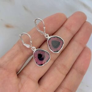 Watermelon Tourmaline Slice Leverback Earring / 925 Sterling Silver / Natural Tourmaline Slice / Gifts for her / Statement Earring TRM-E-84.