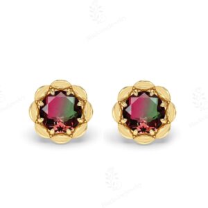 Watermelon Tourmaline Stud Earrings For Women 925 Silver Tourmaline Gemstone Minimalist Earrings Unique Floral Design Dainty Studs For Wife