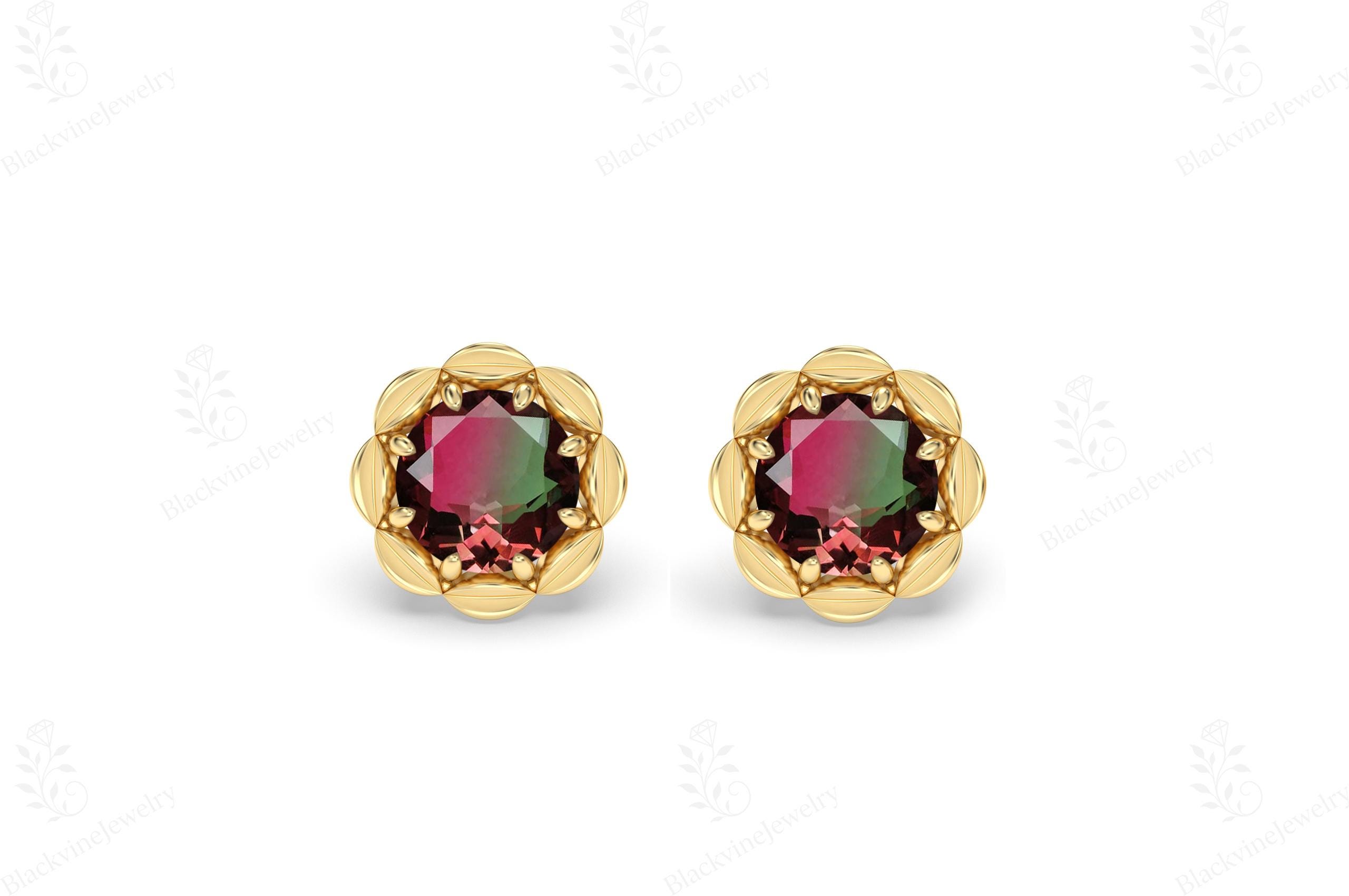Watermelon Tourmaline Stud Earrings For Women 925 Silver Tourmaline Gemstone Minimalist Earrings Unique Floral Design Dainty Studs For Wife