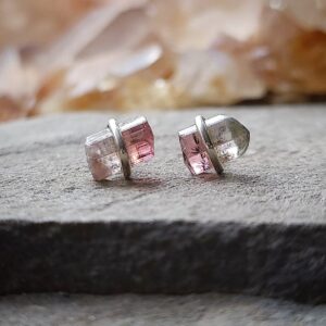 Watermelon Tourmaline Stud Earrings, Sterling Silver Bicolor Tourmaline Crystal Studs, Raw Stone October Birthstone Jewelry Gift For Women