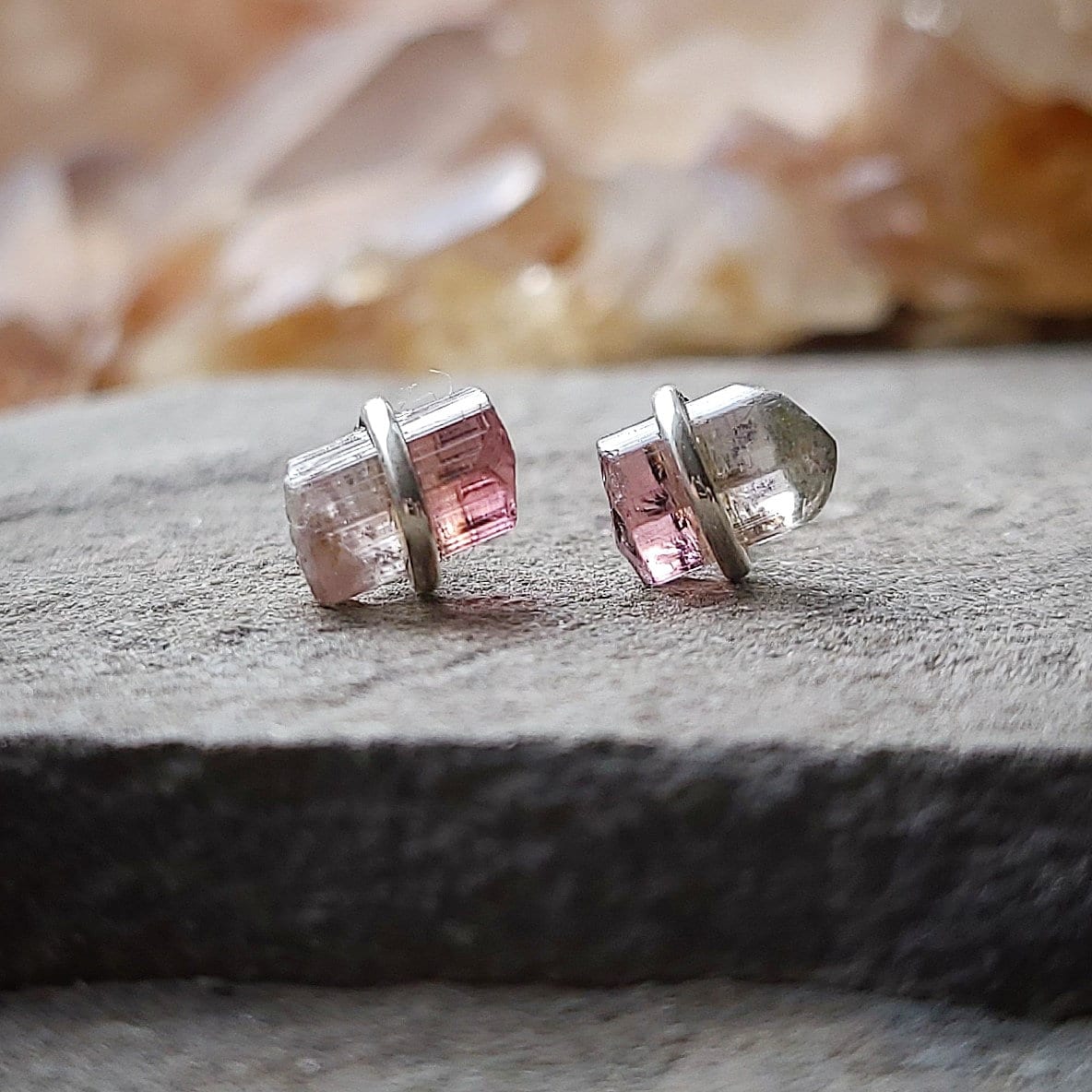 Watermelon Tourmaline Stud Earrings, Sterling Silver Bicolor Tourmaline Crystal Studs, Raw Stone October Birthstone Jewelry Gift For Women Watermelon Tourmaline Stud Earrings, Sterling Silver Bicolor Tourmaline Crystal Studs, Raw Stone October Birthstone Jewelry Gift For Women
