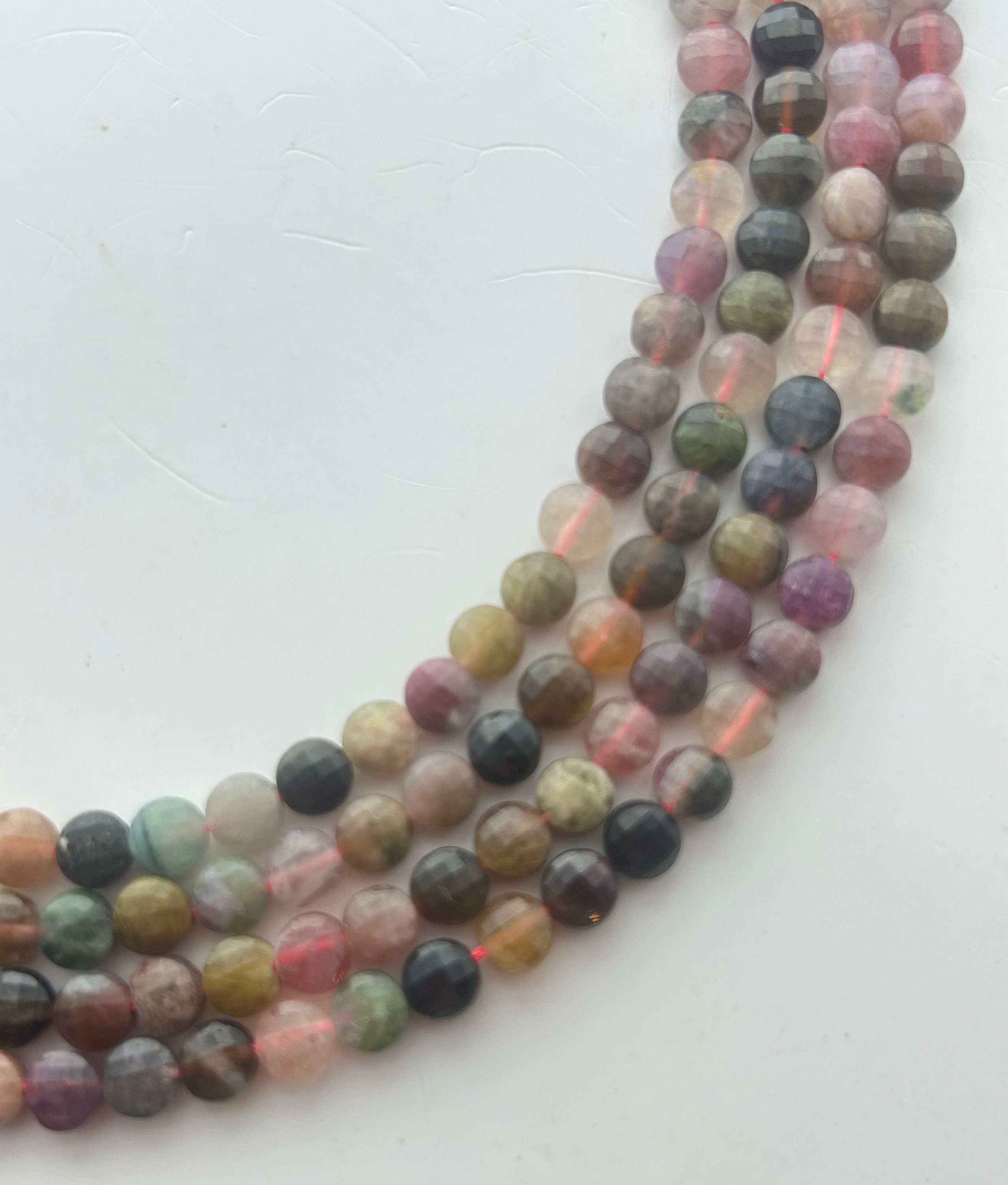 6mm Faceted Coin Watermelon Tourmaline Gemstone Beads. 15" Strand Of High Quality, Mixed Tourmaline Beads, Approximately 69 Per Strand.