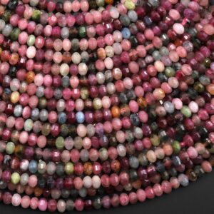 AAA Natural Multicolor Watermelon Tourmaline Micro Faceted 4mm Lantern Rondelle Beads Pink Green Gemstone 15.5" Strand