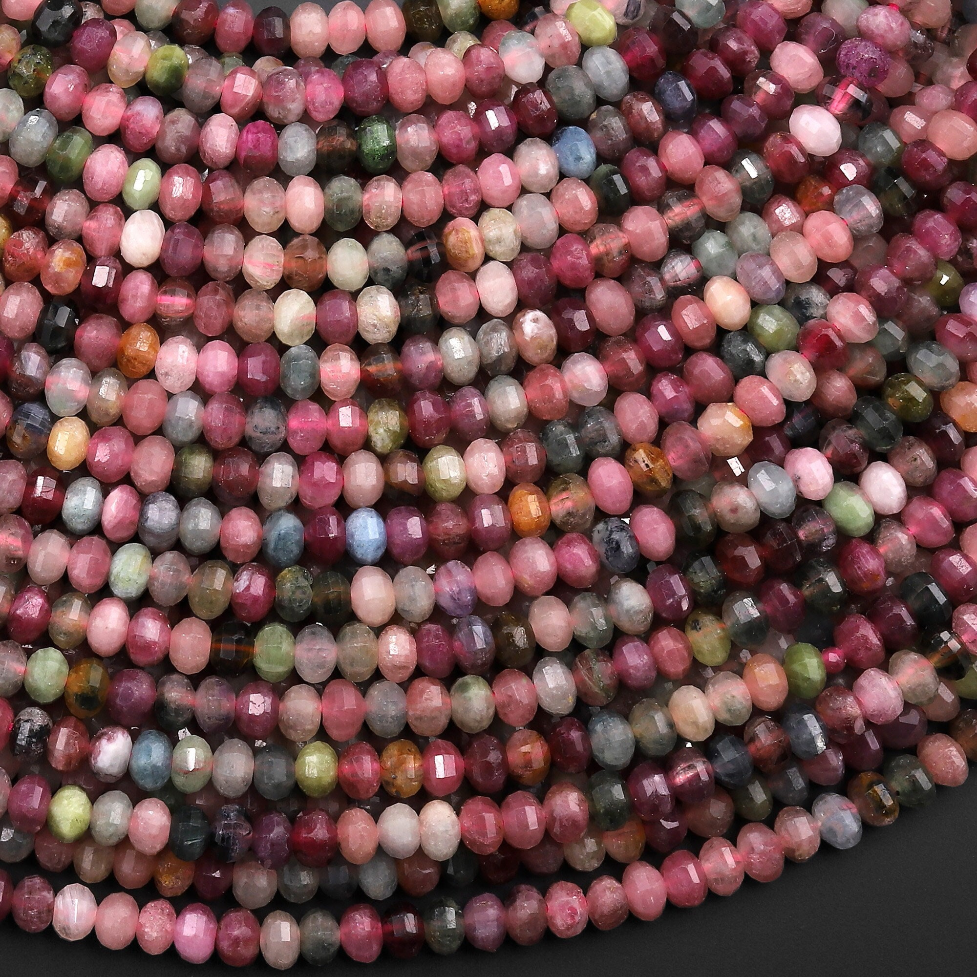 Aaa Natural Multicolor Watermelon Tourmaline Micro Faceted 4mm Lantern Rondelle Beads Pink Green Gemstone 15.5" Strand