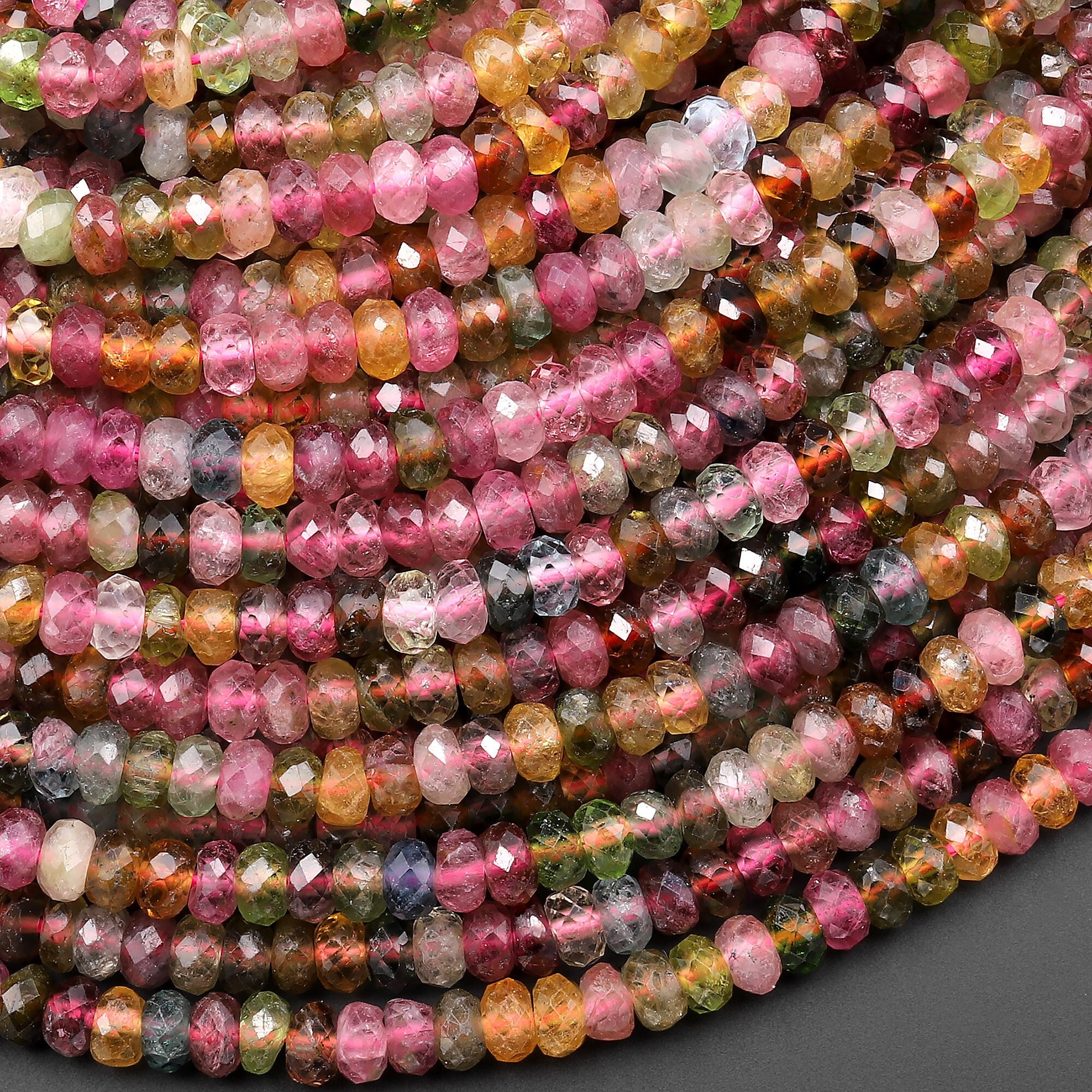 Aaa Natural Multicolor Watermelon Tourmaline Micro Faceted 4mm Rondelle Beads Pink Green Blue Yellow Gemstone 15.5" Strand