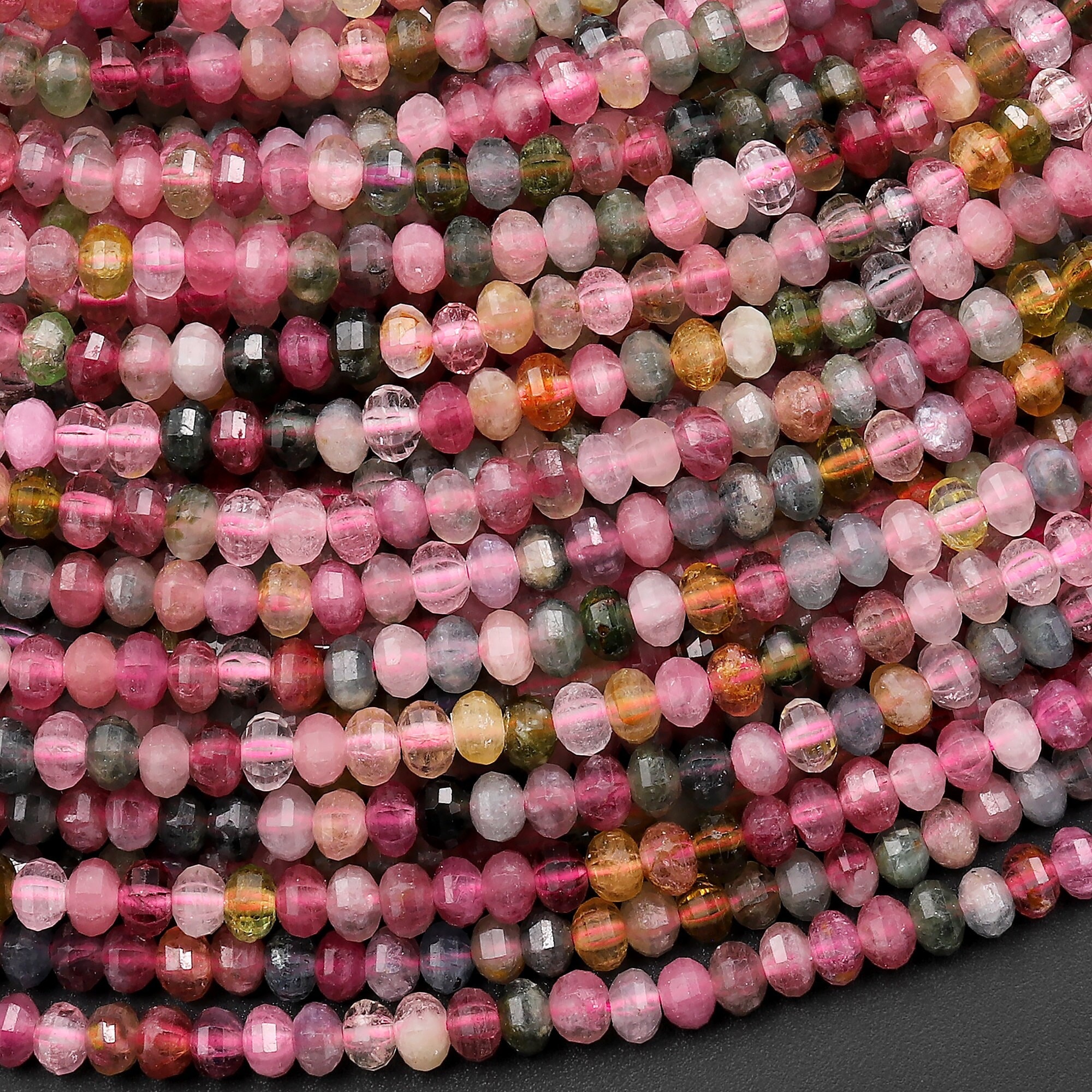 Aaa Natural Multicolor Watermelon Tourmaline Micro Faceted 4mm Lantern Rondelle Beads Pink Green Blue Yellow Gemstone 15.5" Strand