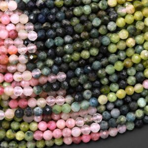 Natural Pink Green Blue Watermelon Tourmaline Micro Faceted 4mm Round Gemstone Beads 15.5" Strand