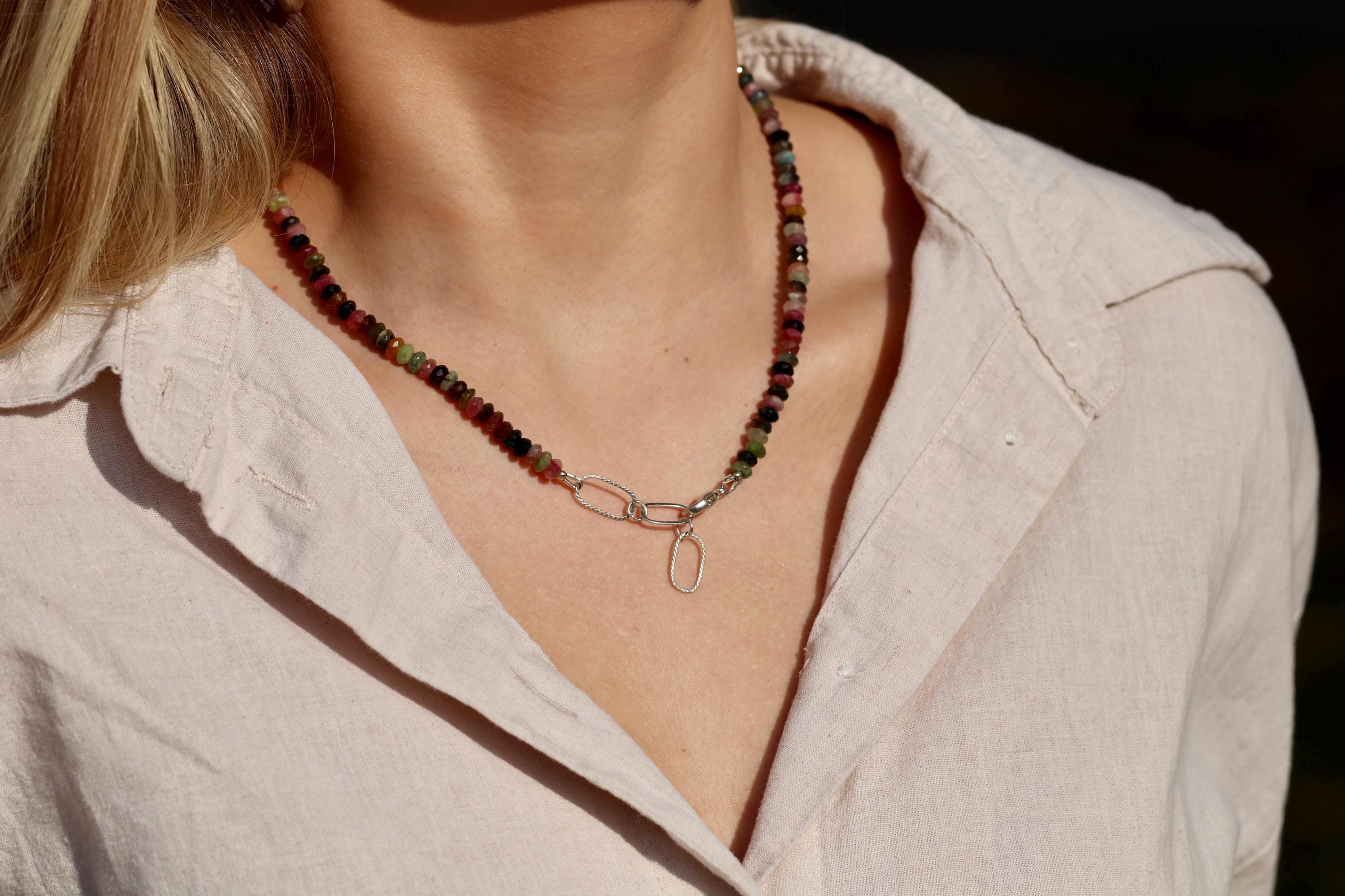 Aaaa Mixed Tourmaline Necklace, Multi Watermelon Tourmaline Beaded Gemstone Necklace, 925 Sterling Silver Clasp, Joy & Emotional Healing