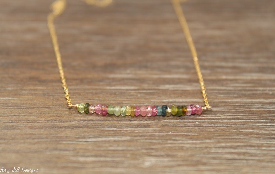 Watermelon Tourmaline Bar Necklace, Shaded, Ombre, Watermelon Tourmaline Jewelry, October Birthstone, Minimalist, Gemstone Necklace