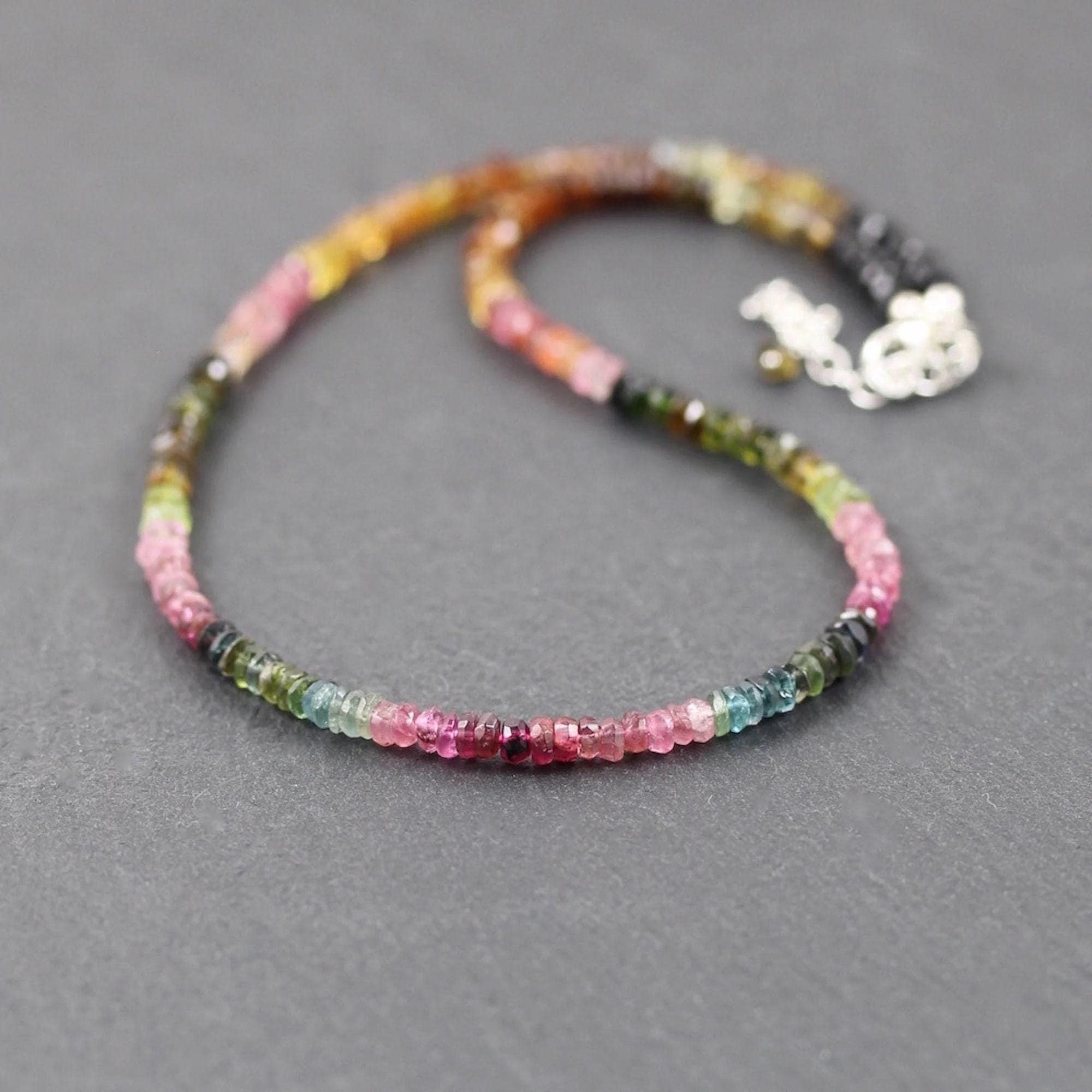 Watermelon Tourmaline Beaded Necklace, Dainty Multi Color Gemstone Choker, Sterling Silver, Gold Or Rose Gold Filled, Boho Jewelry For Women