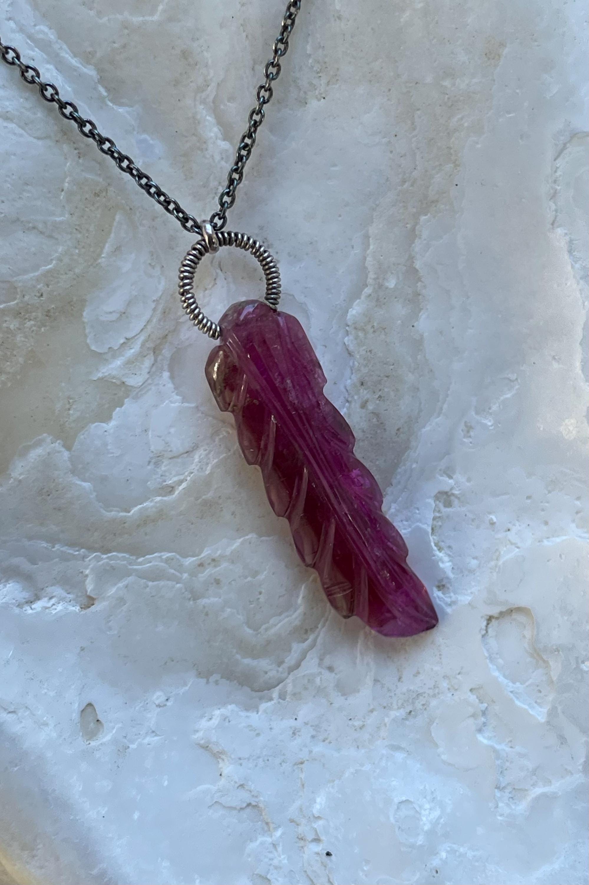 Carved Watermelon Tourmaline Leaf, Oxidized Sterling Silver Necklace