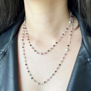 Watermelon Tourmaline Coin Necklace, Multicolor Long Layering Necklace in Sterling Silver, October Birthstone, Boho Beaded Double Mom Gift Watermelon Tourmaline Coin Necklace, Multicolor Long Layering Necklace in Sterling Silver, October Birthstone, Boho Beaded Double Mom Gift