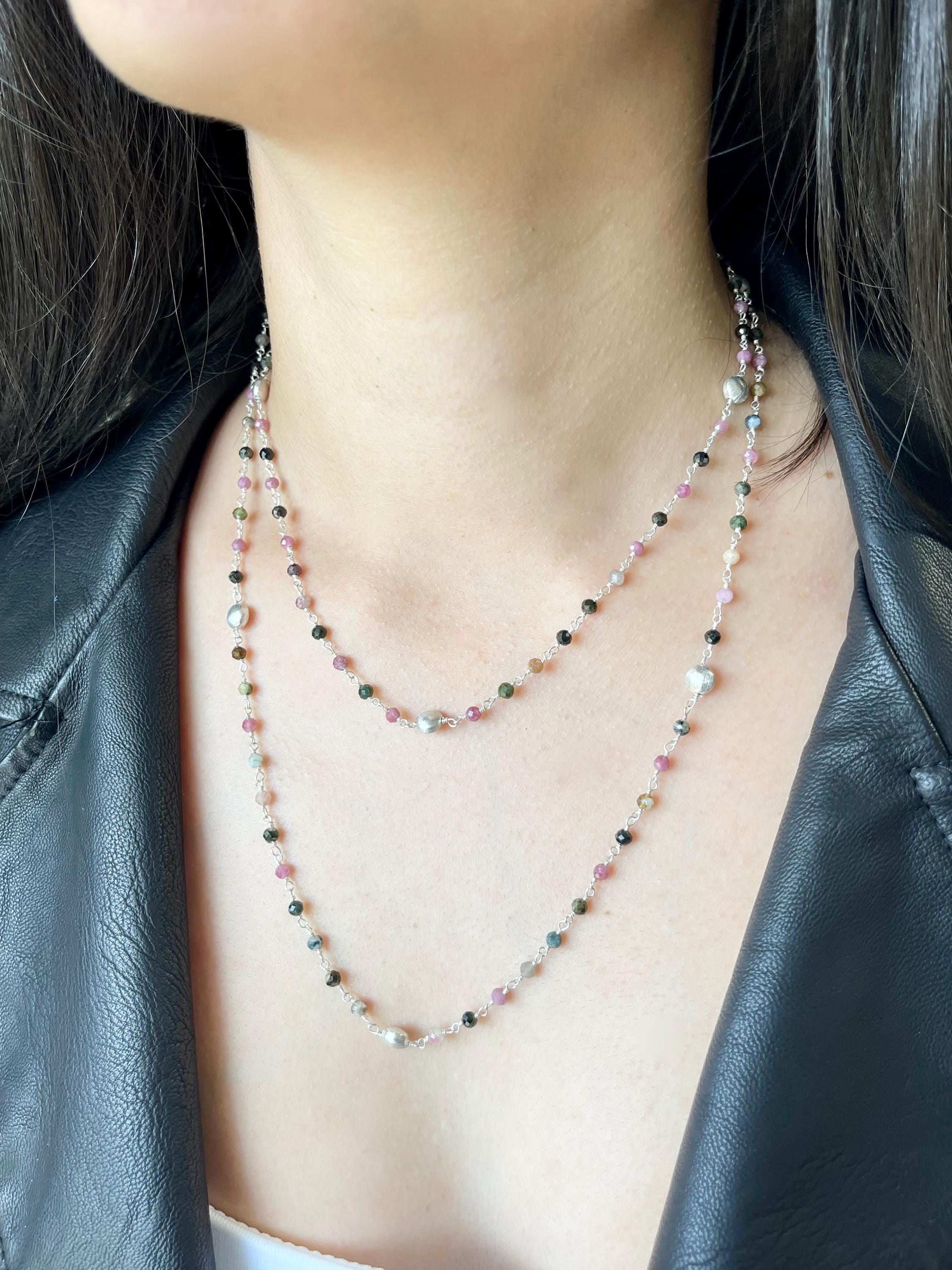 Watermelon Tourmaline Coin Necklace, Multicolor Long Layering Necklace In Sterling Silver, October Birthstone, Boho Beaded Double Mom Gift