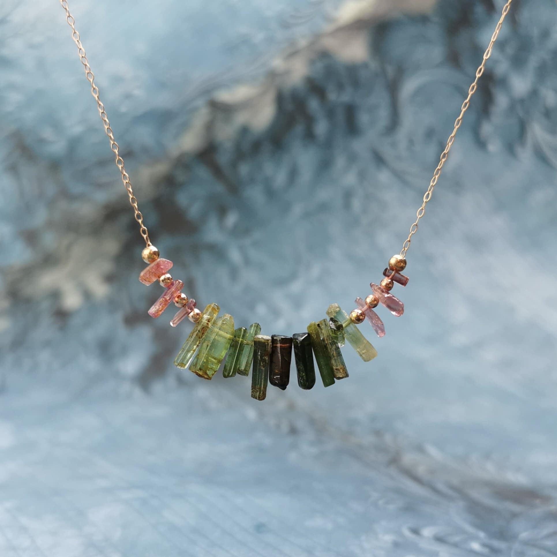 Watermelon Tourmaline Necklace, Tourmaline Crystal Necklace, Bib Necklace. Gold Necklace, October Birthstone, Gifts For Her