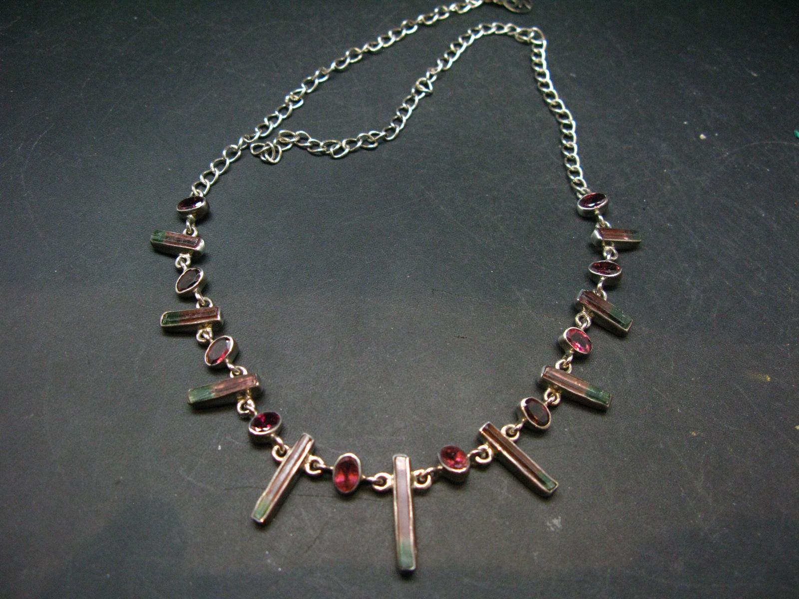 Watermelon Tourmaline Crystal Silver Necklace From Brazil - 18" - 17.5 Grams
