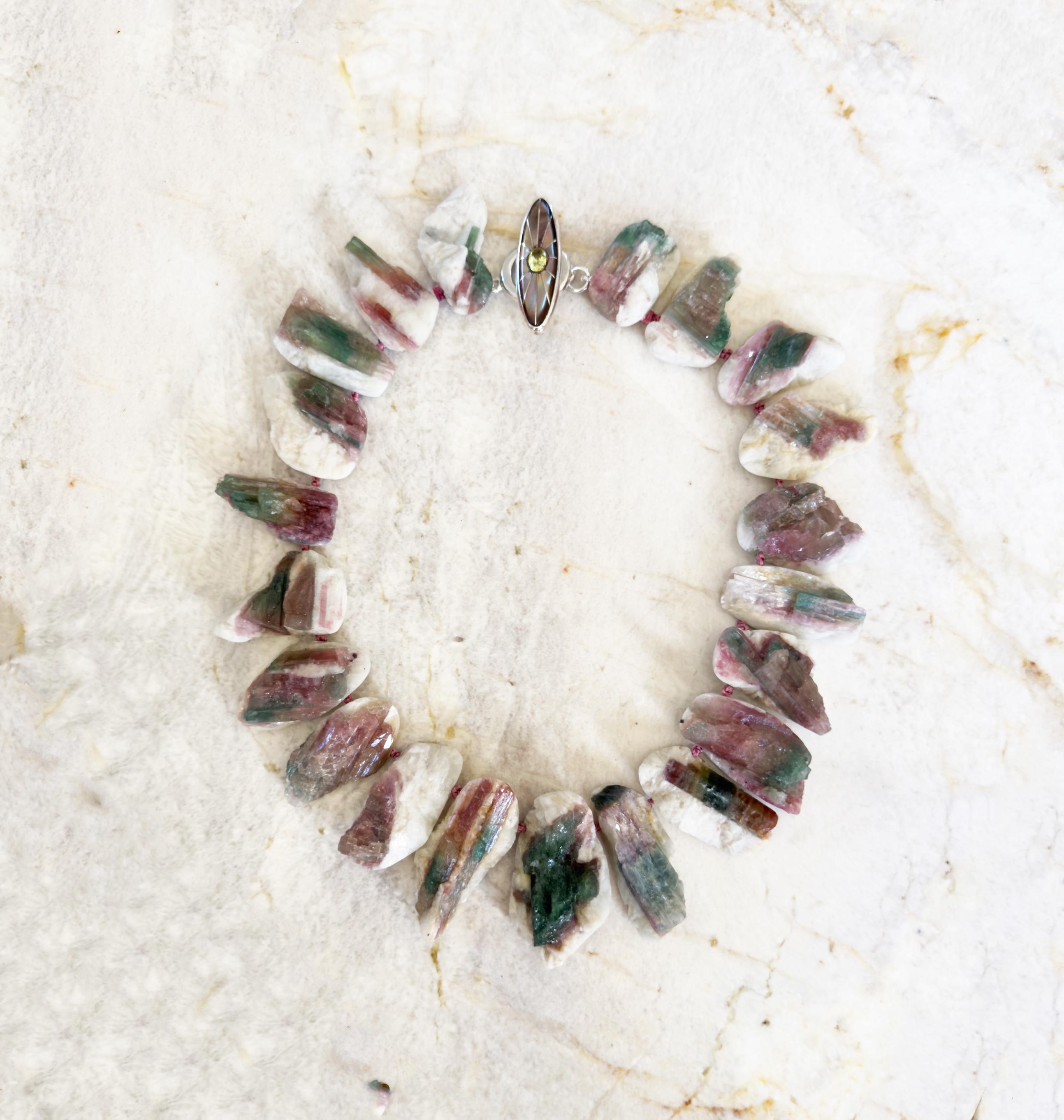 Hand Knotted Watermelon Tourmaline Nugget Necklace - Sterling Silver Clasp