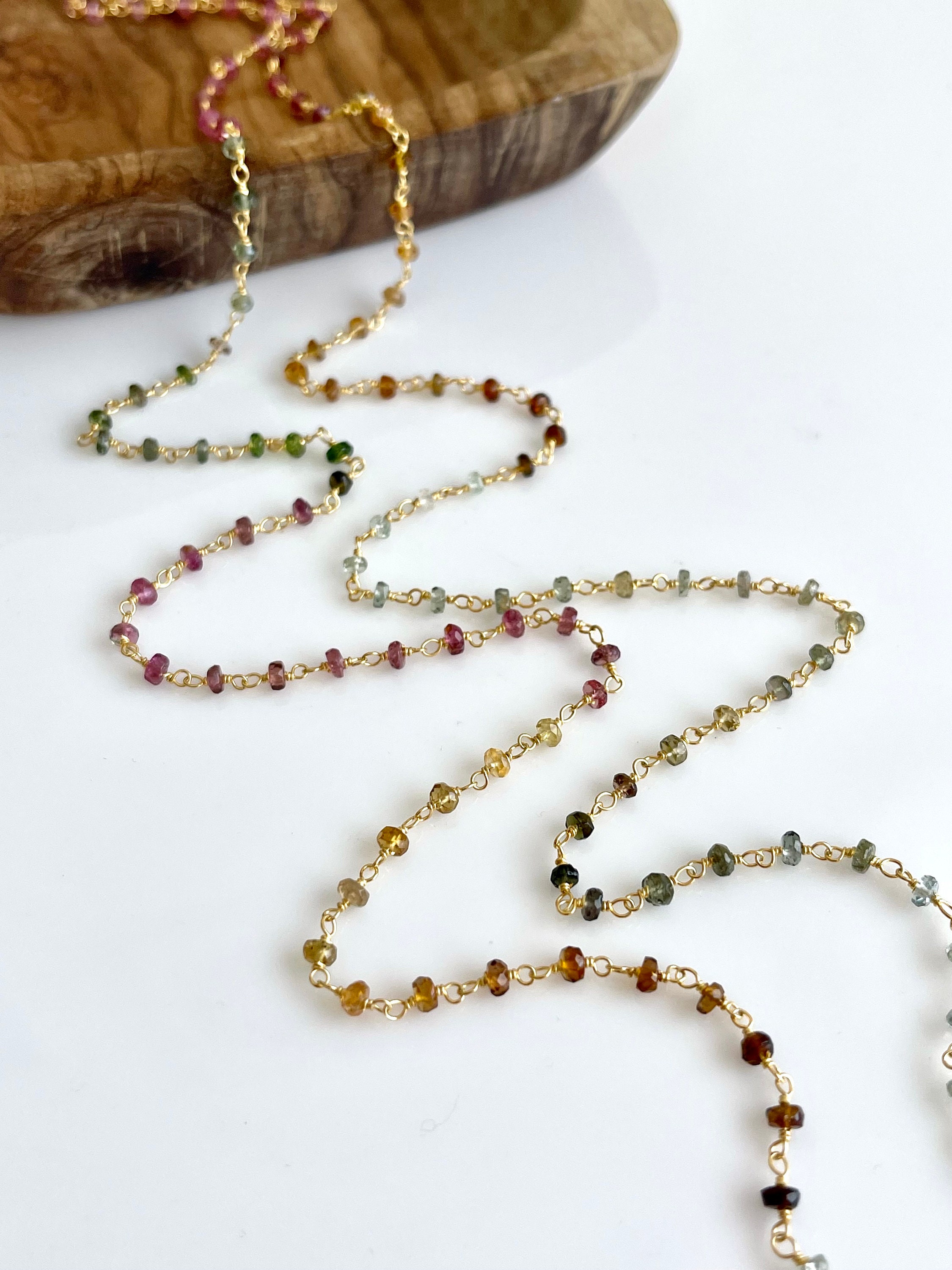Long Tourmaline Necklace, Watermelon Tourmaline Beaded Necklace, October Birthstone, Multicolor Layering Necklace, Gold Rosary, Gift For Her