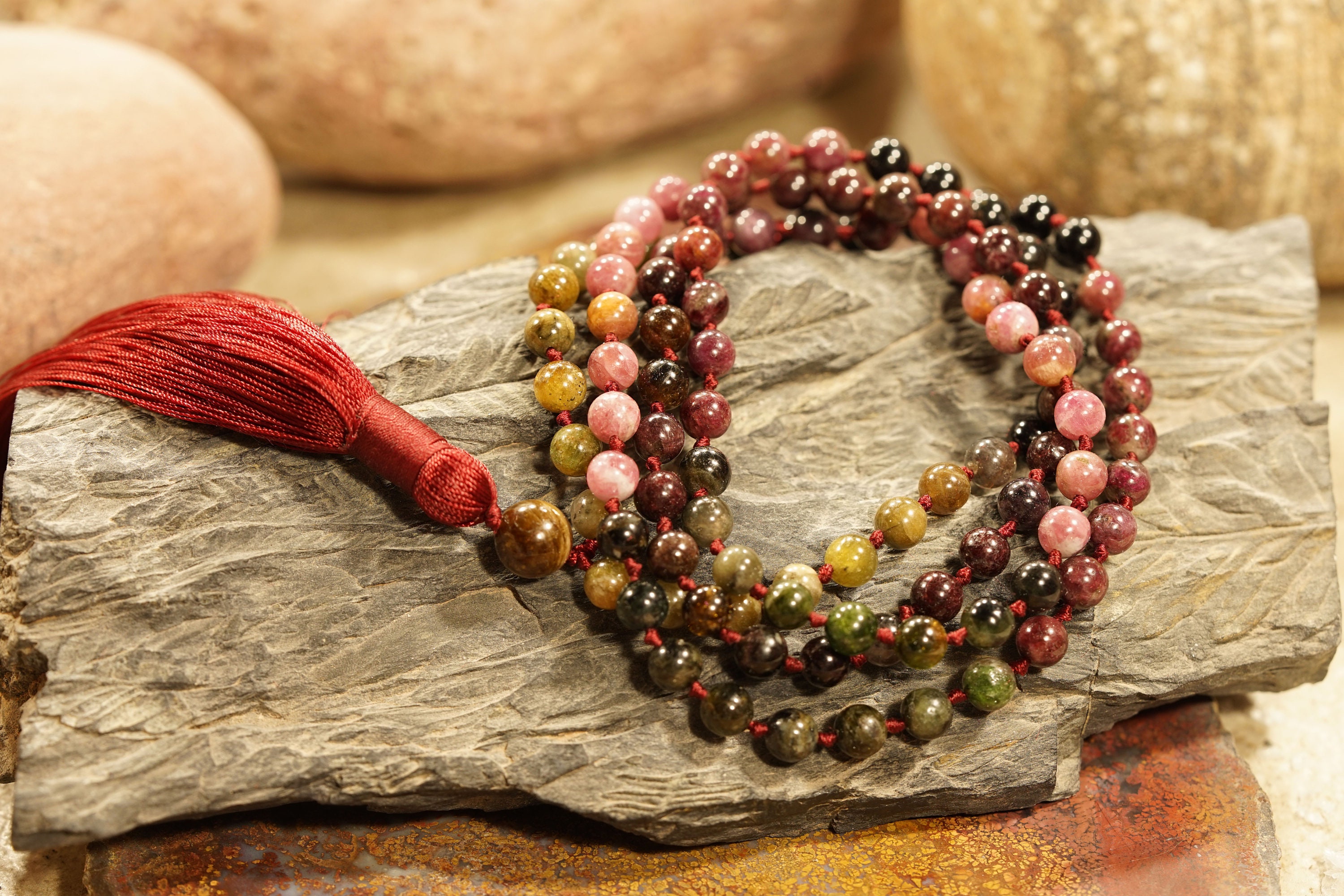 Watermelon Tourmaline Mala • 108+1 • Tourmaline Necklace • 6mm, 7mm Or 8mmbeads • Wine Red Tassel • 1406