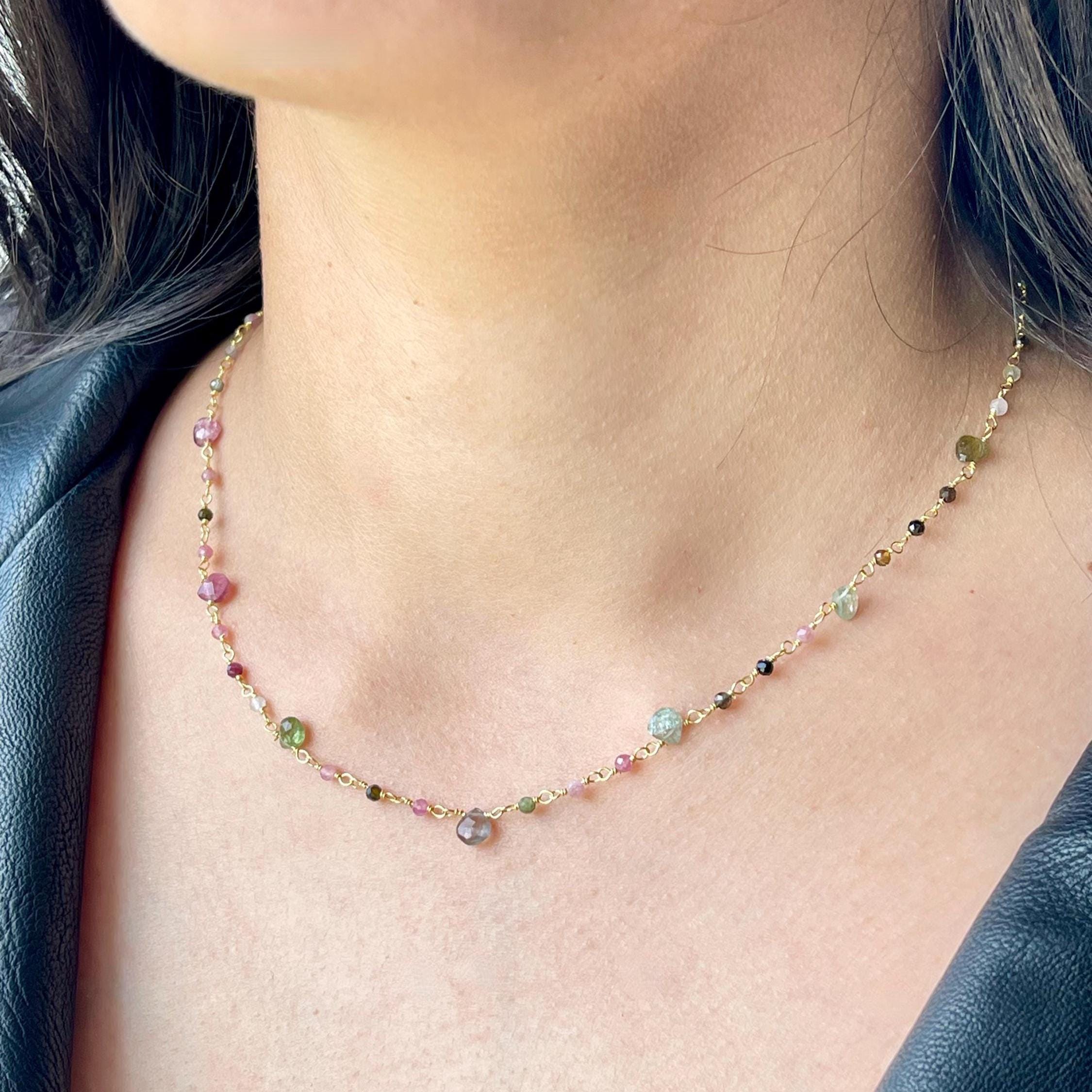 Watermelon Tourmaline Necklace, Multicolor Beaded Choker Gold Or Silver, Wire Wrapped Dainty Minimalist Necklace, October Birthstone Gift