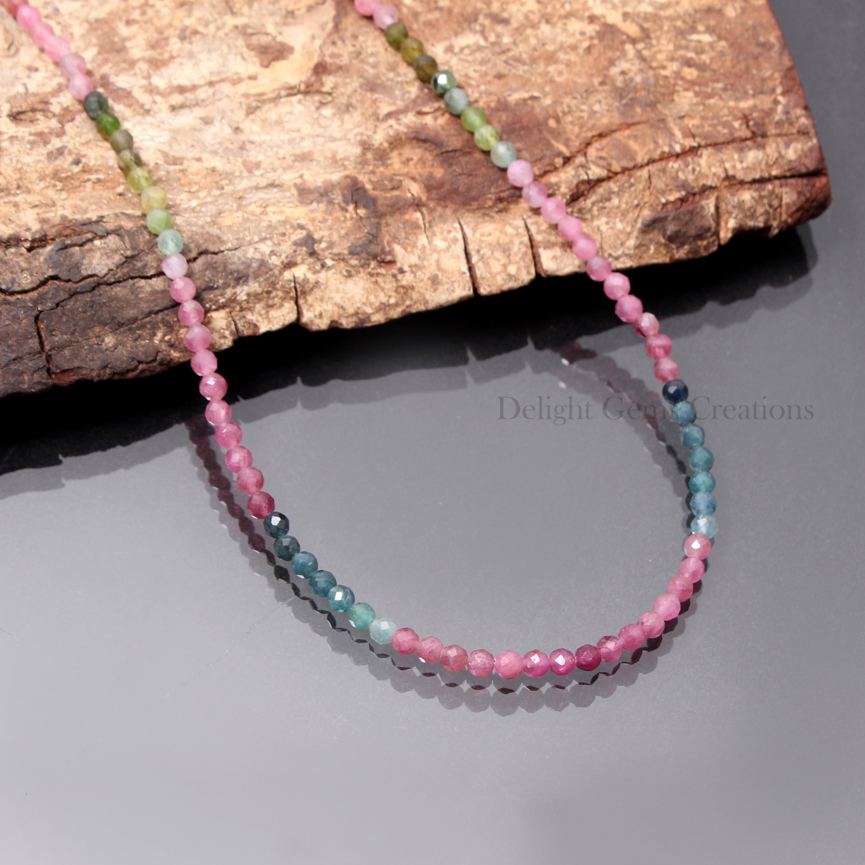 Natural Watermelon Tourmaline Beaded Necklace, 3.5mm Gemstone, 18 Inch